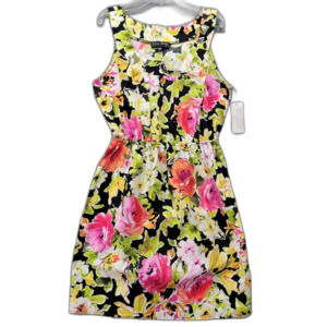 Blu Sage Black Floral Midi Dress Stretch Preppy Bodycon Sleeveless NEW Women's 8